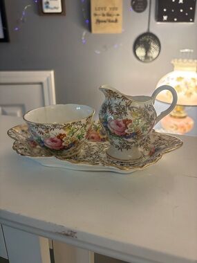 James Kent Vintage Gardens Bone China Cream and Sugar Set with Tray England